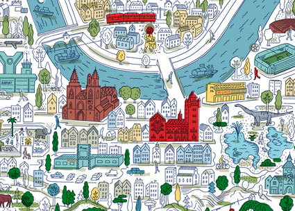 Illustrierte Stadtkarte von Basel Illustration de la ville de Bâle